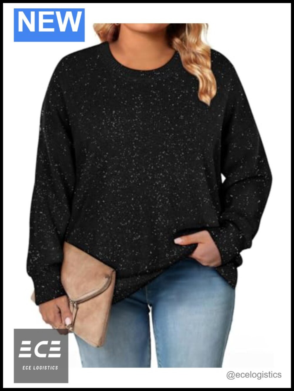 Plus Size Crew Neck Sparkly Tunic Sweater Long Sleeve Pullover